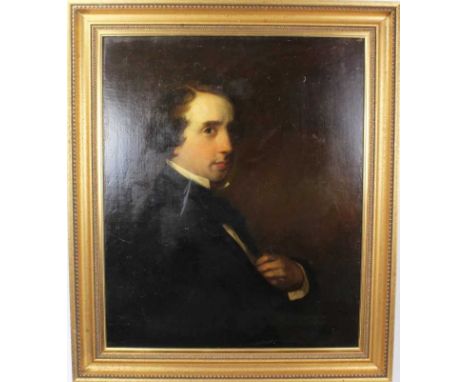 English School, 19th century, oil on canvas - portrait of a gentleman, half length wearing a black coat, in gilt frame, 76.5c