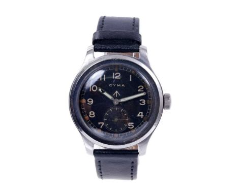 Cyma British military W.W.W. wristwatch, the circular black dial with military broad arrow, Arabic numerals and minute track 
