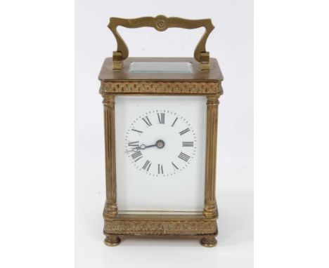 French brass carriage clock with enamelled dial, fluted Coloma's and basket weave borders, 15cm high