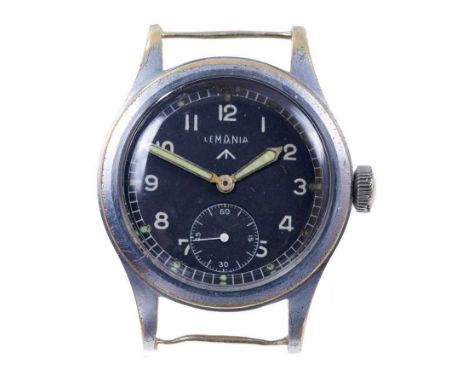 Lemania British military W.W.W. wristwatch, the circular black dial with military broad arrow, white Arabic numerals and minu