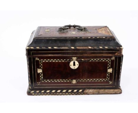 Elaborate 18th century mahogany, ebony and ivory tea caddy, the moulded top with surmounting handle, enclosing three lidded t