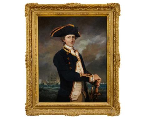 Andre De Moller (b.1942), oil on canvas - portrait of a Naval Officer with shipping beyond, signed, in good gilt frame, 51cm 