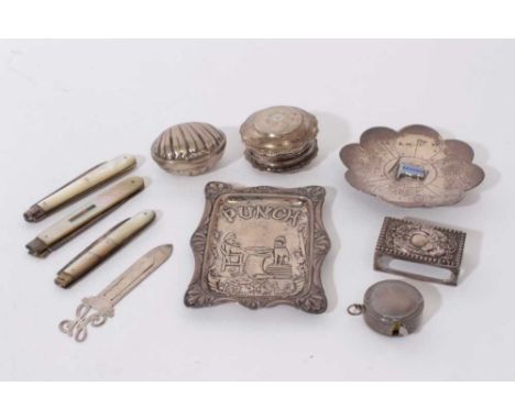 Three silver and mother of pearl fruit knives (various dates and makers, together with a silver match box cover, silver book 