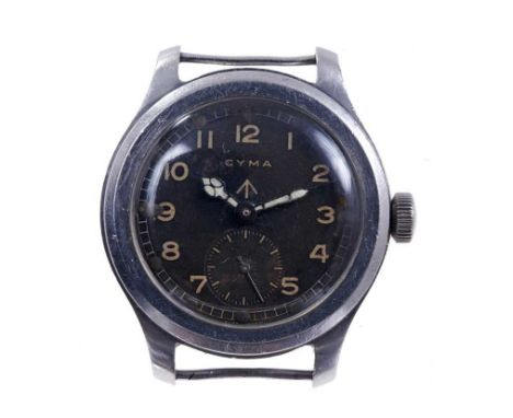Cyma British military W.W.W. wristwatch, the circular black dial with military broad arrow, Arabic numerals and minute track 