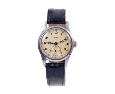 Ebel British military issue A.T.P. wristwatch with white dial, Arabic numerals, outer minutes track, luminous dot hour marker