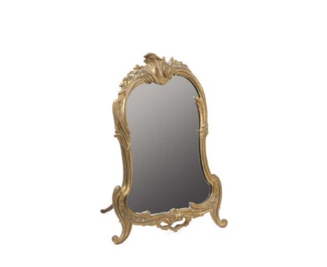 19th century brass rococo easel dressing table mirror of asymmetric cartouche form, 55cm high