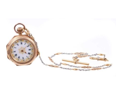 Late 19th century Ladies 14ct gold and enamel fob watch decorated with bird and flowers on 18ct two colour gold watch chain.T