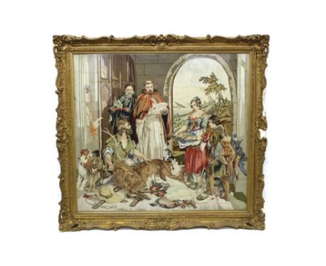 Large 19th century Berlin woolwork tapestry, depicting interior scene of figures and game, in glazed gilt frame, total size 1