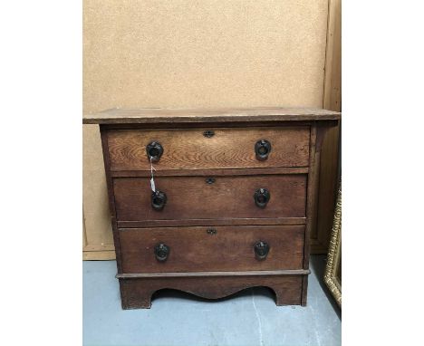 Art Nouveau three drawer oak chest, with projecting top and original brass handles on bracket feet, 91cm wide x 46cm deep x 8