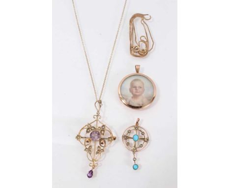 Two Edwardian gold pendants and portrait locket, the Edwardian 9ct gold amethyst and seed  pearl pendant on later 9ct gold ch