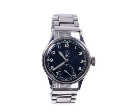 Omega British military W.W.W. wristwatch, the circular black dial with military broad arrow, white enamel Arabic numerals and