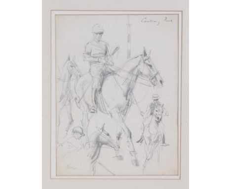20th century English School pencil sketch - Polo Players, Cowdray Park, indistinctly signed, mounted, 30cm x 23cm