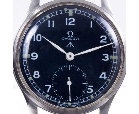 Omega British military W.W.W. wristwatch, the circular black dial with military broad arrow, white enamel Arabic numerals and