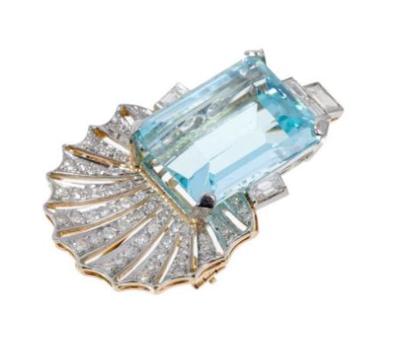 Art Deco aquamarine and diamond pendant brooch with a large rectangular step cut aquamarine measuring approximately 19.05mm x