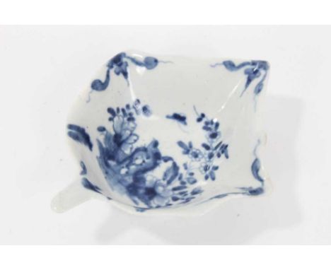 Worcester blue and white leaf shaped pickle dish, c.1754-56, decorated with the Two Peony Rock Bird pattern, workman's mark t