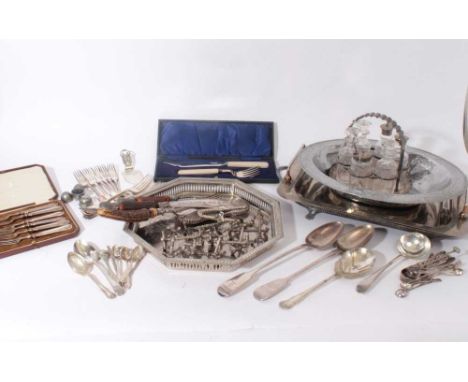 19th century six bottle cruet frame, with cut glass bottles and silver plated mounts, together with various other silver plat
