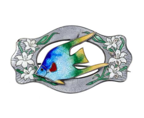 Early 20th century Danish silver and guilloché enamel brooch with fish and floral design, 65mm.