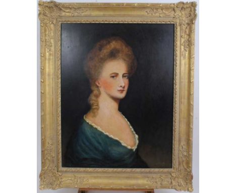 English School oil on board- portrait of a lady in blue dress, in gilt frame, 59cm x 45cm