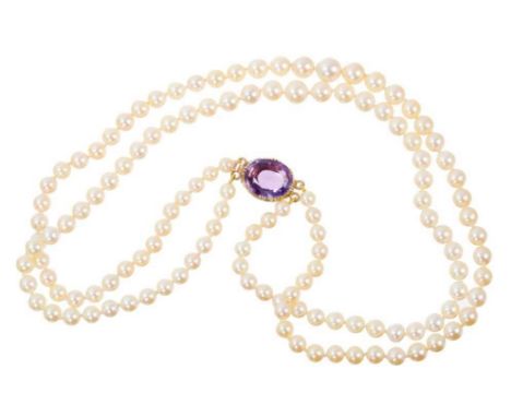 Cultured pearl two-strand necklace with two strings of graduated cultured pearls measuring approximately 5mm - 8.3mm diameter