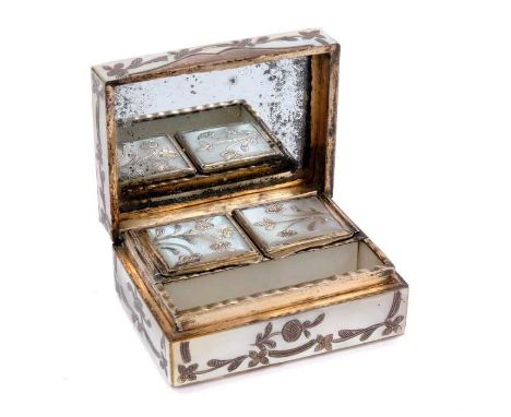 18th century Continental mother of pearl patch box, rectangular form with applied silver and gilt rococo ornament, the hinged