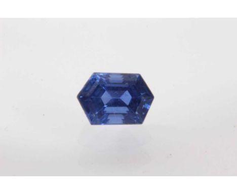 Unmounted blue sapphire, the hexagonal step cut stone measuring approximately 10.48mm x 7.03mm x 6.79mm