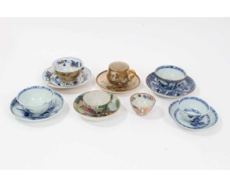 Collection of 18th century Chinese porcelain, including three blue and white tea bowls and saucers (two sets with Nanking car