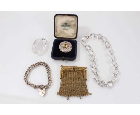 Gold plated mesh purse, silver bracelet, Scottish silver brooch and a paste necklace and pendant