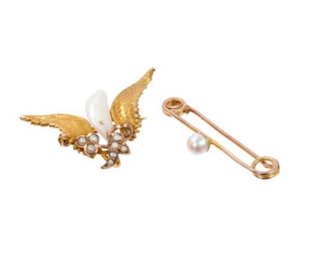 Edwardian Keshi pearl and gold angel wing brooch and one other pearl brooch