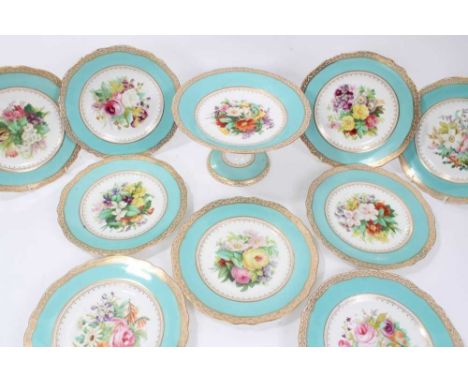 Copeland dessert wares, painted with flowers on a light blue ground with gilt borders, including nine plates and a tazza
