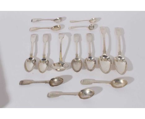 Pair of George III fiddle pattern table spoons (London 1798) together with other Georgian and later silver flatware (various 