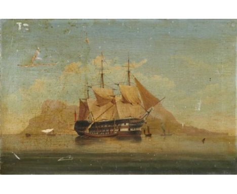 English School, circa 1850, oil on canvas, A warship, believed to be HMS Victory off Gibralter, 43cm x 65cm, unframed. The se