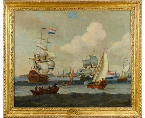 Abraham Storck, (1635-1710) oil on canvas ‘Harbour of Amsterdam’, 59 x 71cms , in good period gilt frameCondition report: The