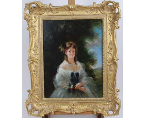 Daniel Klein (b.1946), oil on panel in the Victorian style - portrait of a young lady in white dress with a posy of wild flow