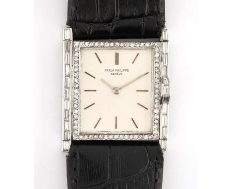 A Patek Philippe, Geneve, diamond set rectangular cased wristwatchThe signed rectangular silvered dial with silvered baton nu
