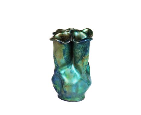 A Zsolnay Pecs eosin glazed vaseEarly 20th centuryWashed in blue, green and golden lustre glazes, five churches mark, impress