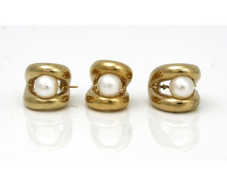 A gold and cultured pearl pendant and a matching pair of gold and cultured pearl earrings (2)Each in an inverted 'V' shaped d