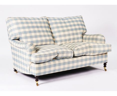 GEORGE SMITH; A BLUE CHECK UPHOLSTERED TWO SEAT SOFAOn turned supports, 155cm wide; 83cm deep; 80cm highCondition report:&nbs