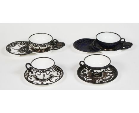 Two French porcelain sandwich plates and cupsHache, Julien & Co Vierzon, circa 1900White or blue ground with applied silvered