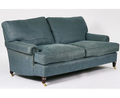 GEORGE SMITH; A BLUE UPHOLSTERED THREE SEAT SOFAOn tapering square supports, 205 cm wide; 80cm highCondition report:&nbsp;Ove