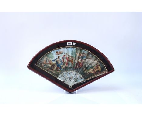 THE JUDGEMENT OF PARIS; A PAINTED FOLDING FANLate 18th centuryThe mother of pearl sticks pierced and engraved with dancing la