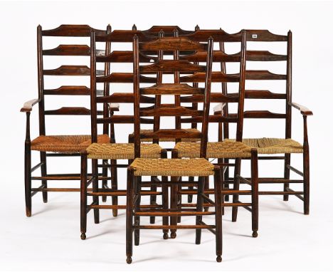 A MATCHED SET OF SIX ASH HIGH LADDER BACK DINING CHAIRSOn turned supports, to include a pair of carvers (6)Condition reports: