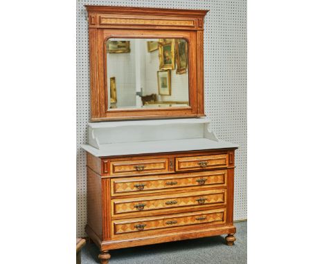 A 19TH CENTURY FRENCH MARBLE AND MIRROR BACK WASHSTAND COMMODEThe base with two short and three long drawers,  125cm wide; 18