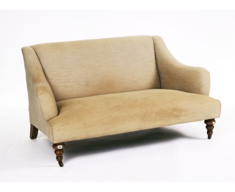 A MODERN SMALL TWO-SEAT SOFAWith downswept arms on turned supports, 138cm wide; 74cm high; 79cm deepCondition report:&nbsp;So