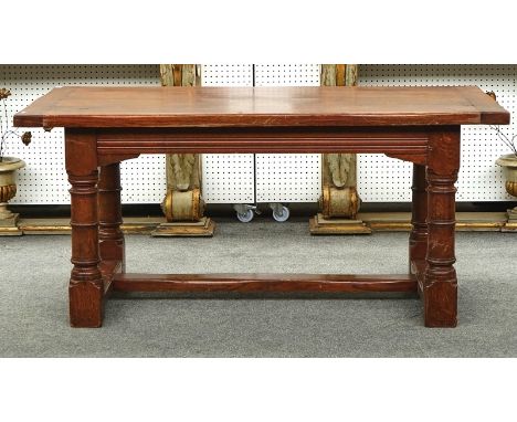 A 17TH CENTURY STYLE OAK REFECTORY TABLEWith cleated plank top and turned supports, 92cm wide; 168cm longCondition report: Ta