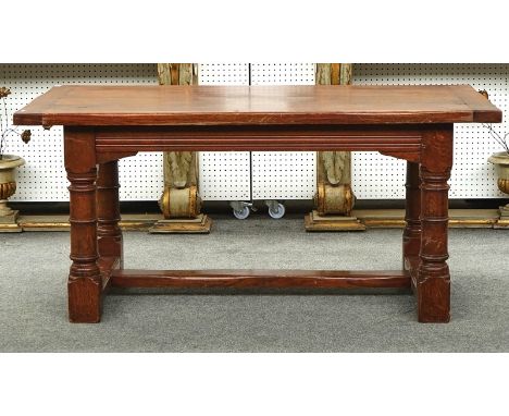 A 17TH CENTURY STYLE OAK REFECTORY TABLEWith cleated plank top and turned supports, 92cm wide; 168cm longCondition report: Ta