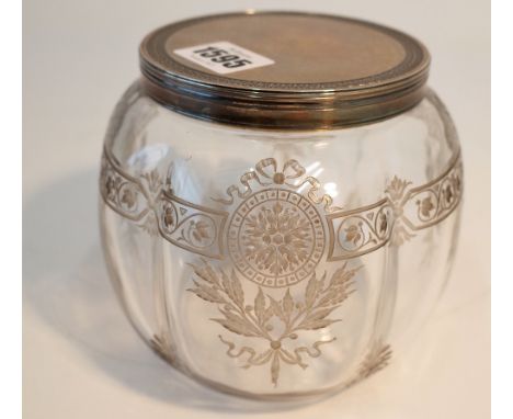 A French silver lidded glass bowl and coverThe glass bowl with engraved floral and foliate decoration and with an applied sil