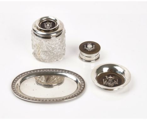 Three silver mounted tortoiseshell items and an oval dish (4)Comprising; a faceted glass hair tidy jar, London 1912, a circul