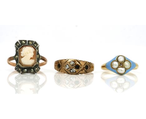 A Victorian gold, rose diamond, half pearl and pale blue enamelled ring and two further rings (3)The Victorian ring unmarked,