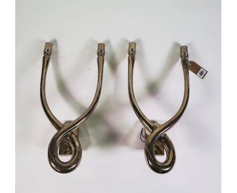 A PAIR OF NICKLE FINISHED ‘ORGANIC LOOP’  TWIN-LIGHT WALL APPLIQUÉS (2)By Porta Romana, ModernWith dark cream silk shades, 45