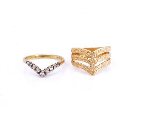 A gold and diamond ring and another gold ring (2)A gold ring in a triple wishbone shaped design, having a bark textured finis